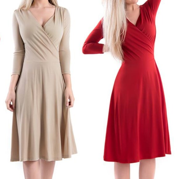 NWT Tam Ware Surplice Neckline 3/4 Sleeve Beige Skater Dress Large - Picture 3 of 9